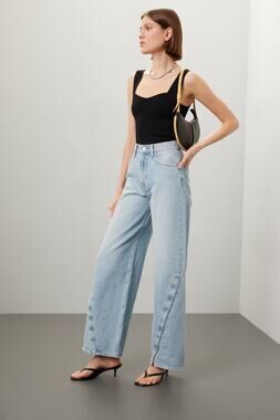 Hudson James HR High Rise Forward Zip Seam Wide Leg Light Wash Denim Jeans 28